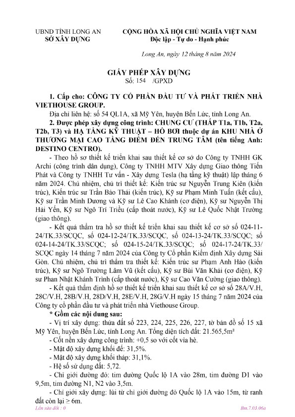 Giấy phép xây dựng số 154/GPXD ký ngày 12 tháng 08 năm 2024 của Sở Xây dựng tỉnh Long An