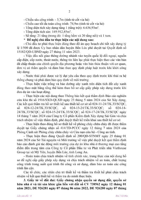 Giấy phép xây dựng số 154/GPXD ký ngày 12 tháng 08 năm 2024 của Sở Xây dựng tỉnh Long An