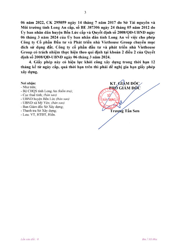 Giấy phép xây dựng số 154/GPXD ký ngày 12 tháng 08 năm 2024 của Sở Xây dựng tỉnh Long An